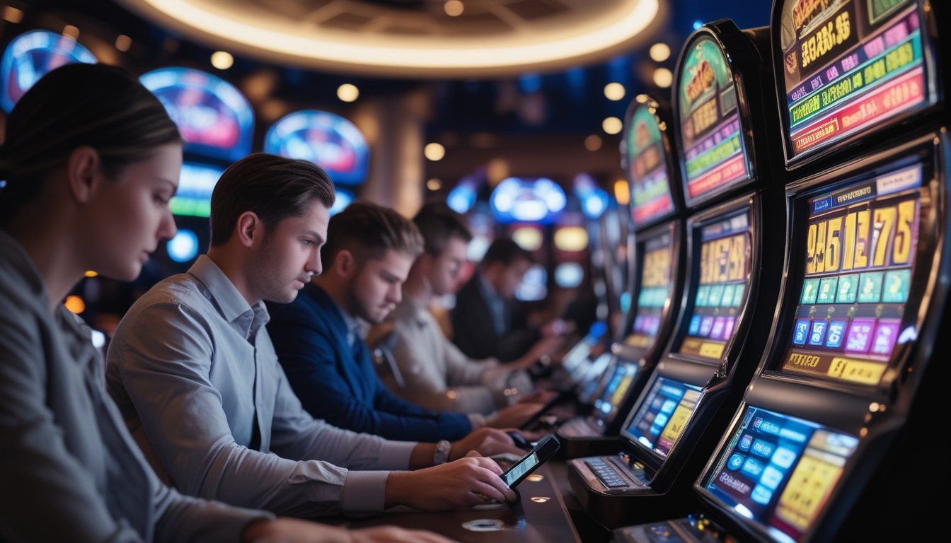 Orang-orang bermain mesin slot progresif di kasino modern sambil mengelola taruhan mereka dengan serius.