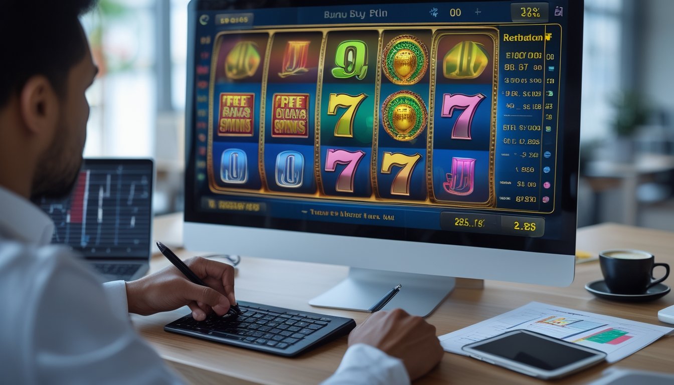 Seseorang sedang menganalisis permainan slot online modern di depan komputer dengan kalkulator dan catatan, di meja kerja yang rapi.