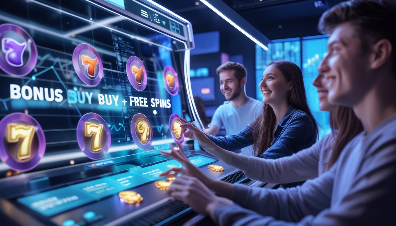 Sekelompok orang muda sedang menggunakan mesin slot digital modern dengan layar sentuh di ruangan bermain yang futuristik.