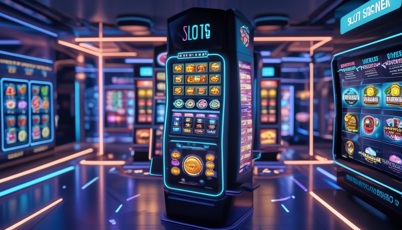 Tampilan antarmuka permainan slot online futuristik dengan layar digital berwarna-warni dan elemen holografik yang menunjukkan berbagai penyedia permainan.