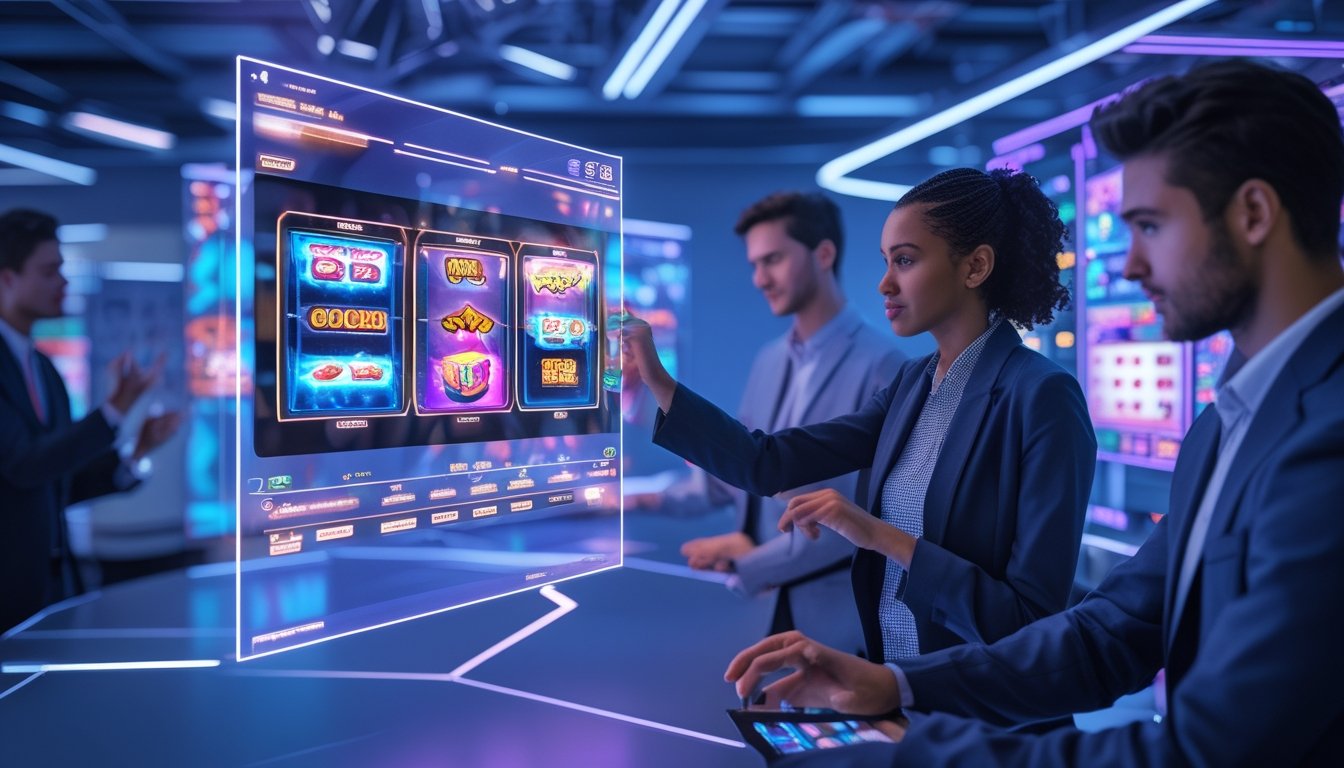 Sejumlah profesional muda menggunakan teknologi holografik untuk mengamati permainan slot online inovatif di kantor berteknologi tinggi.