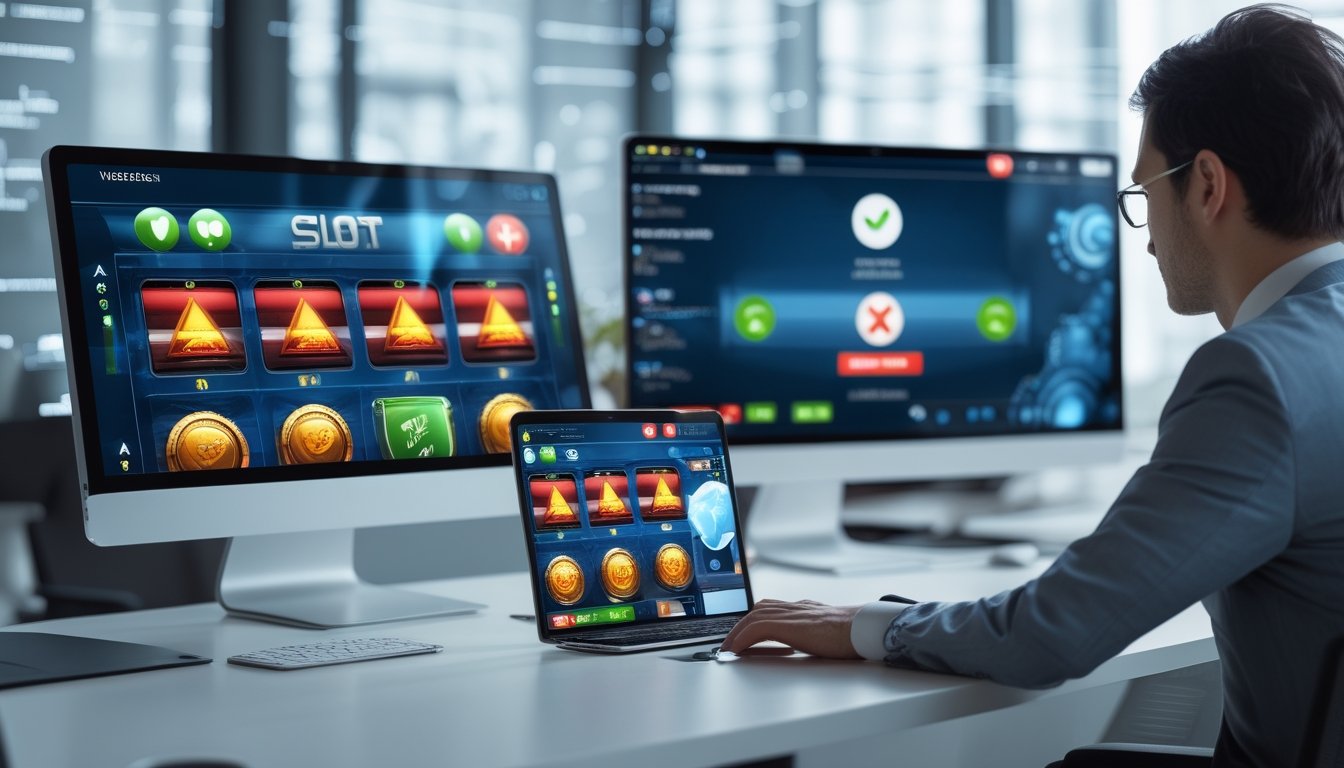 Seorang profesional sedang menganalisis layar komputer dan ponsel yang menampilkan permainan slot online dengan tanda keamanan dan peringatan di ruang kantor modern.