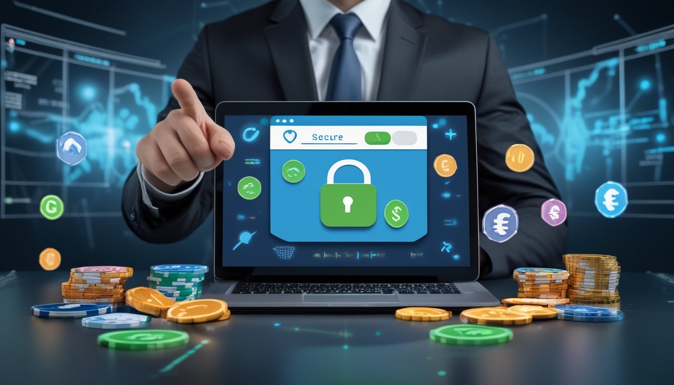 Seorang profesional menunjukkan layar laptop dengan situs slot online resmi yang aman dan terpercaya, dikelilingi oleh simbol mesin slot dan koin digital.