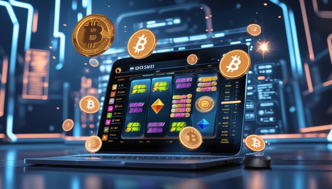 Seorang pengguna sedang bermain slot online di perangkat digital dengan ikon cryptocurrency mengambang di sekitarnya dalam suasana teknologi futuristik.