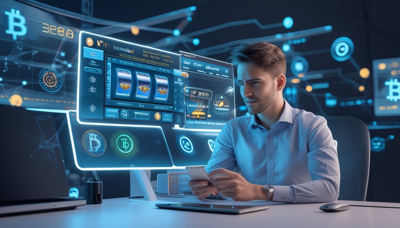 Seorang pria muda menggunakan ponsel dan laptop di meja dengan layar digital menampilkan simbol cryptocurrency dan permainan slot online.