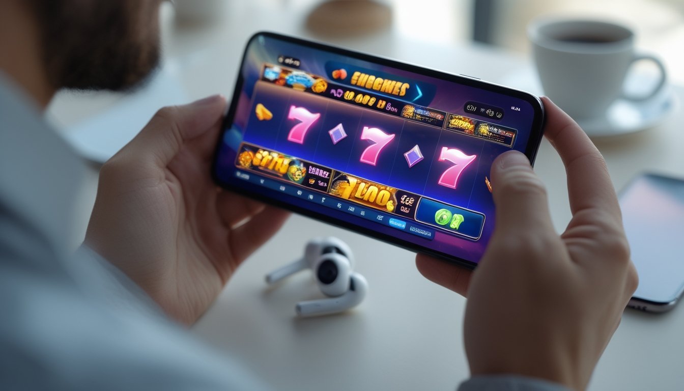 Seseorang memegang smartphone yang menampilkan permainan slot dengan latar belakang ruangan yang nyaman.