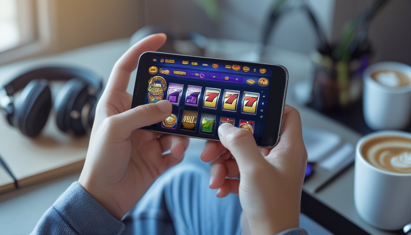 Tangan memegang ponsel dengan permainan slot yang berwarna-warni di layar dalam suasana ruangan yang nyaman.