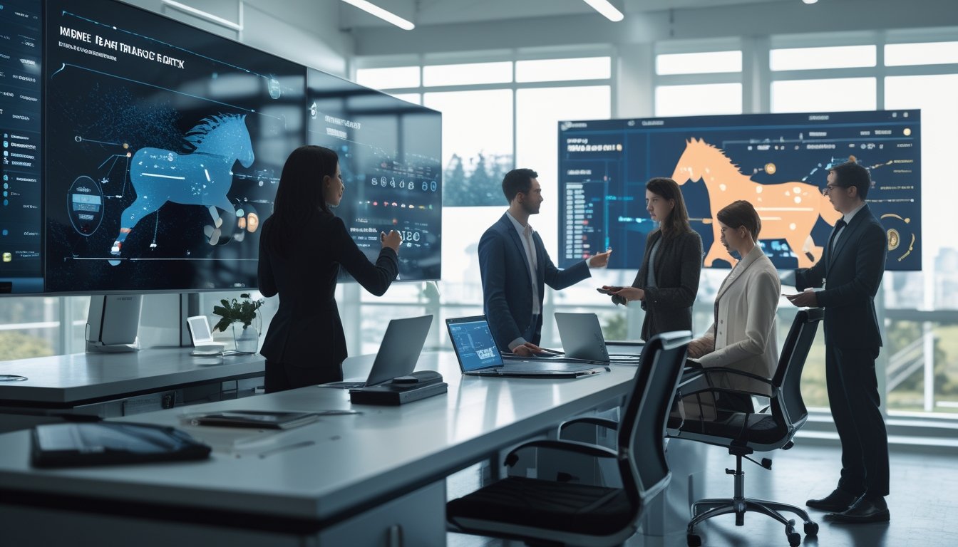 Sekelompok profesional sedang menganalisis data performa kuda balap menggunakan layar komputer di ruang kantor modern.