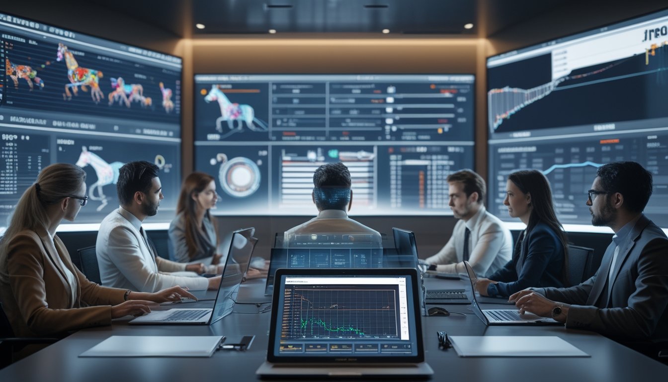Sekelompok profesional sedang menganalisis data performa kuda pacuan menggunakan teknologi canggih di sebuah kantor modern.
