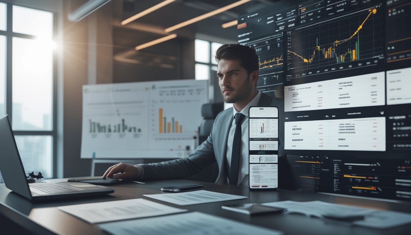 Seorang profesional sedang menganalisis data dan grafik di kantor modern dengan layar digital dan alat kerja di meja.