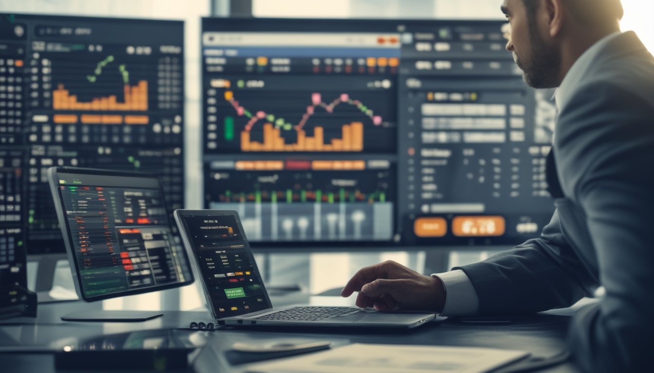 Seorang profesional sedang menganalisis data taruhan di kantor dengan layar digital dan dokumen, dengan latar belakang terkait pacuan kuda.