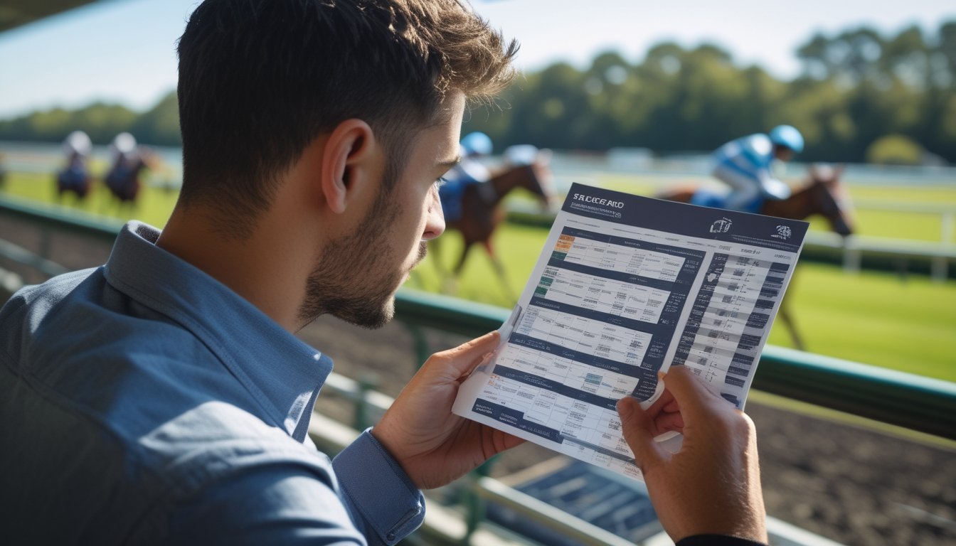 Seseorang sedang mempelajari racecard di arena pacuan kuda dengan kuda dan joki di latar belakang.