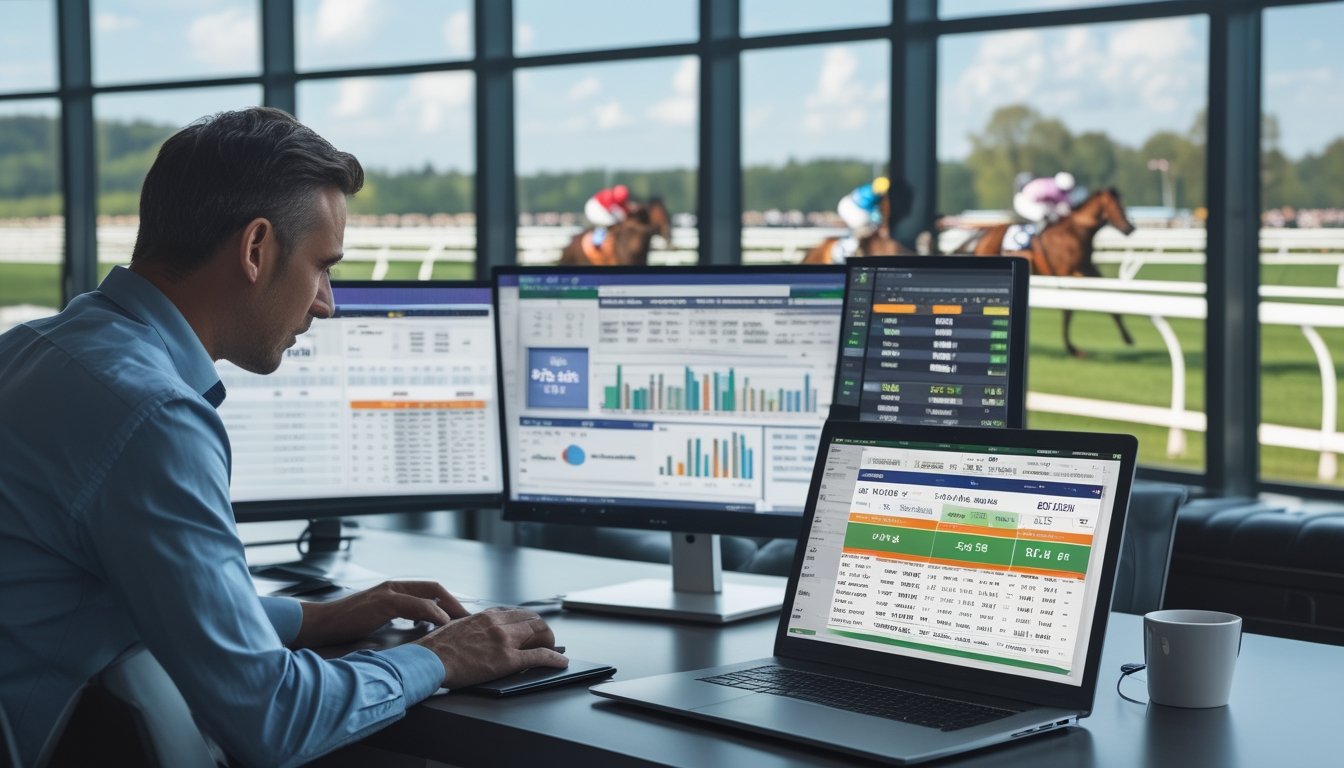 Seorang petaruh fokus menganalisis data balap kuda di depan layar digital dengan latar belakang arena balap kuda yang ramai.