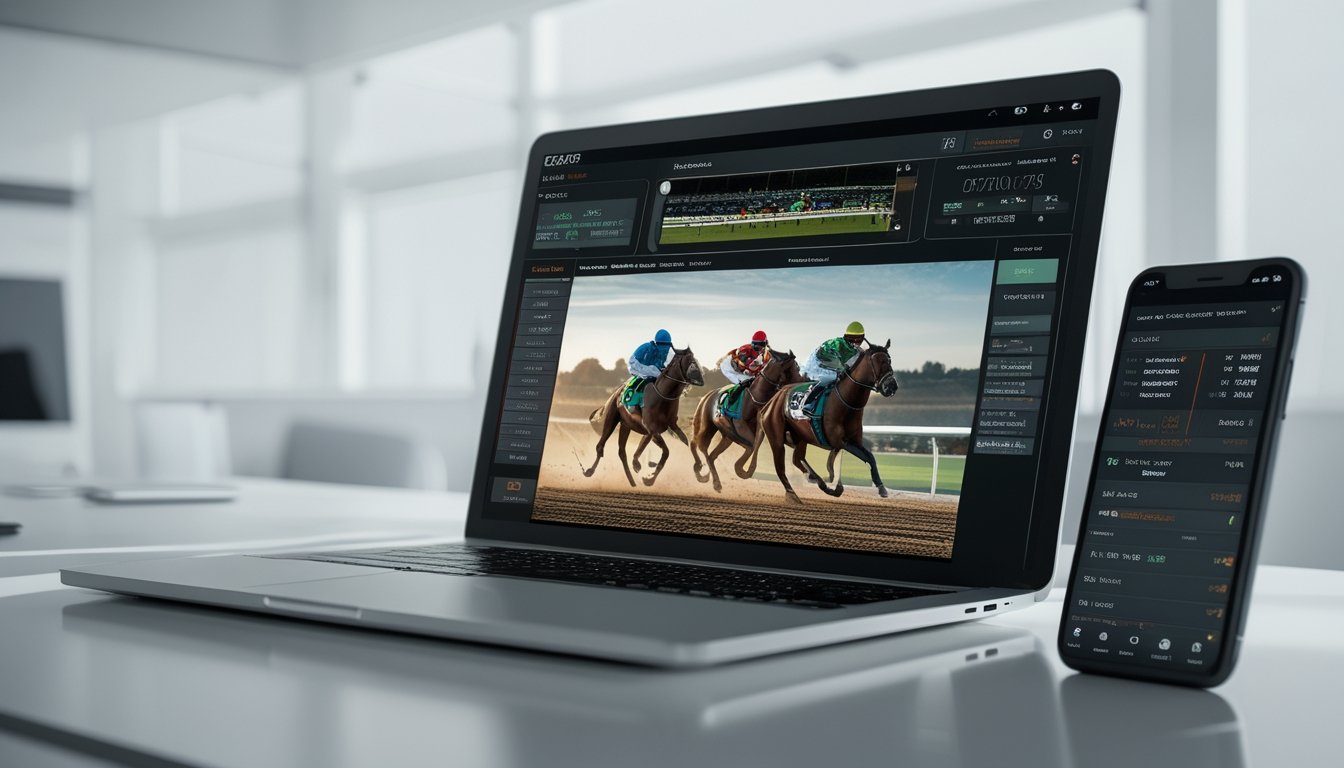 Seseorang menggunakan laptop dan ponsel untuk menonton siaran langsung balap kuda dengan grafik dan statistik taruhan di latar belakang.
