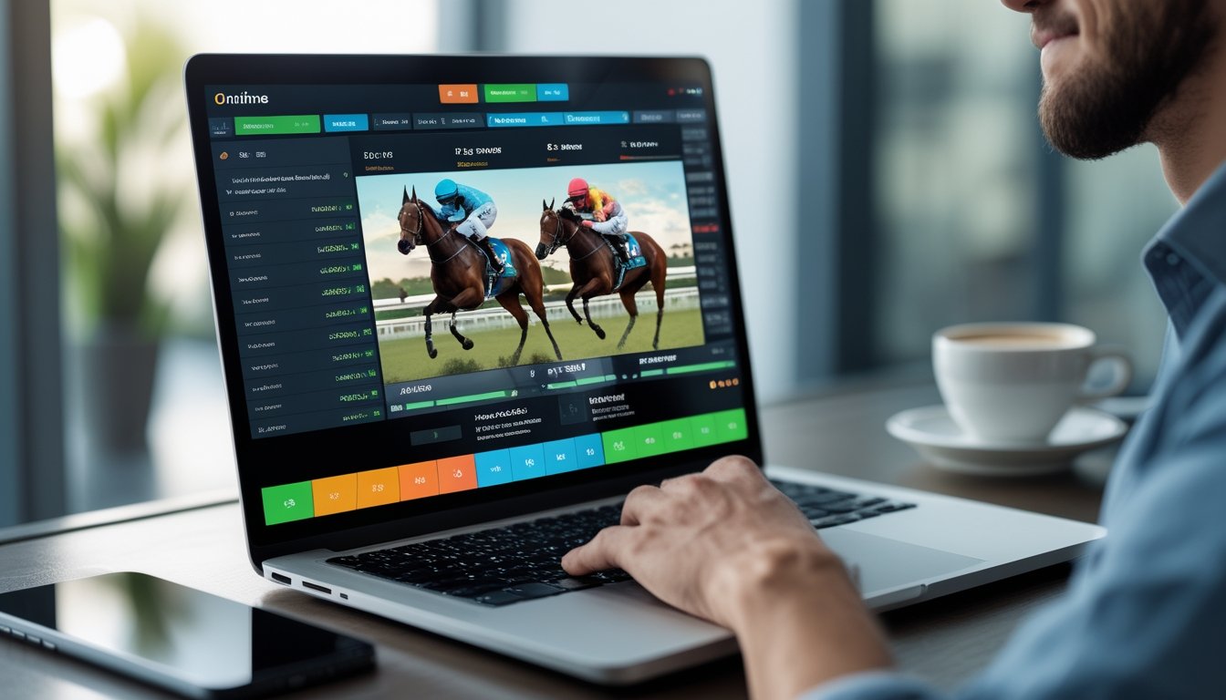 Seorang pengguna melihat laptop yang menampilkan fitur taruhan balap kuda dengan streaming langsung dan grafik perbandingan platform.