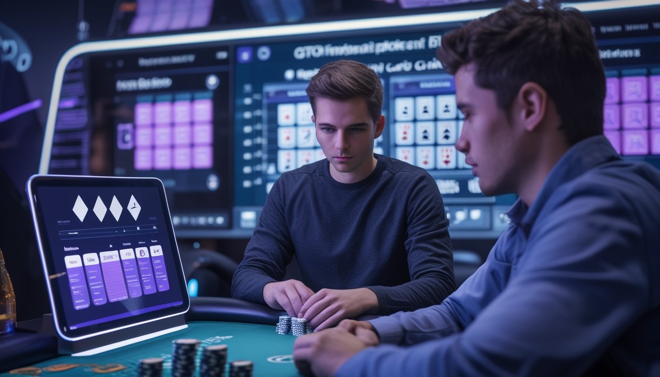 Seorang pemain poker muda duduk di meja poker modern dengan layar digital dan grafik strategi di latar belakang.