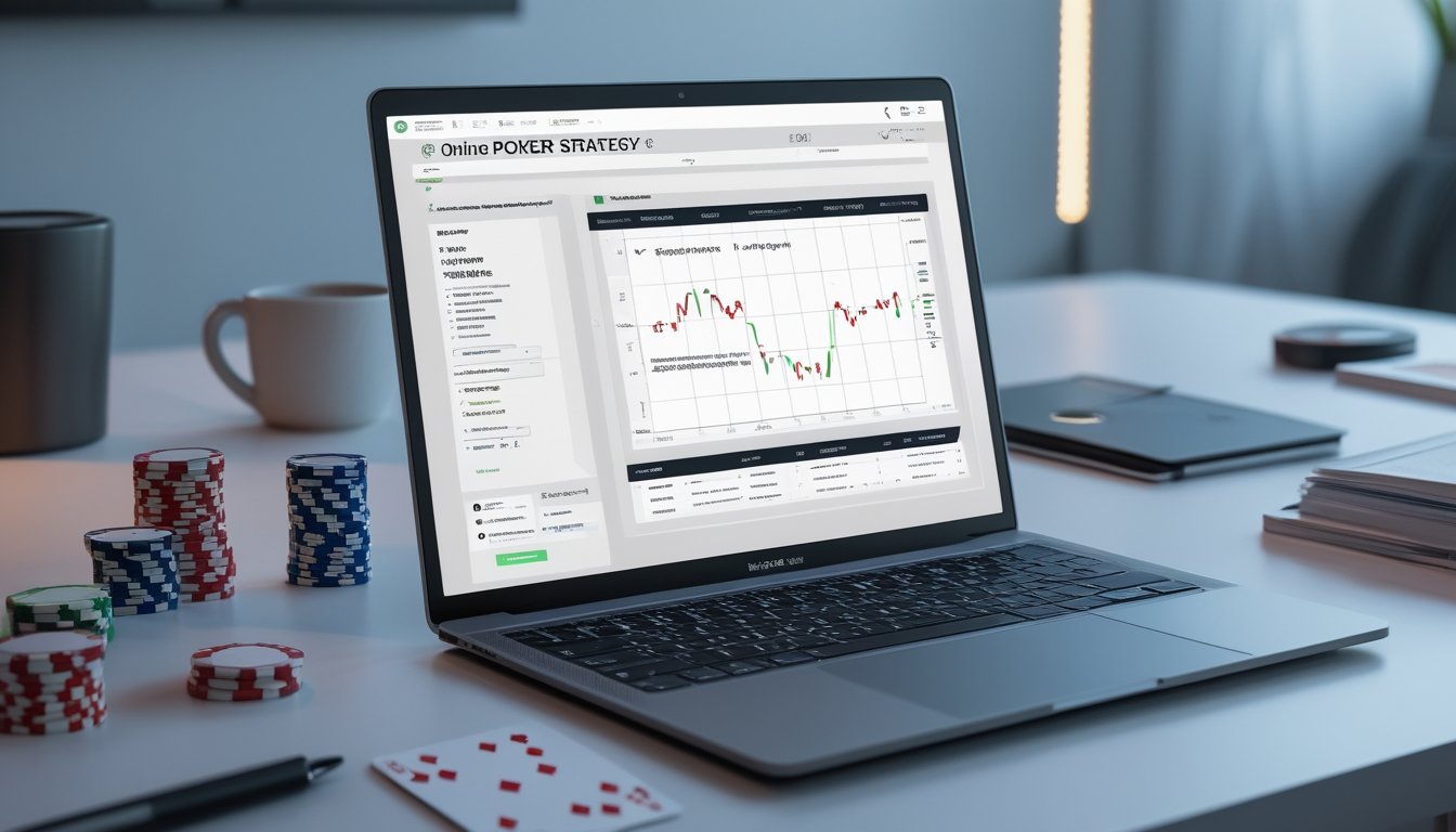 Seorang pemain poker sedang belajar strategi poker online dengan laptop, kartu poker, dan chip di meja kerja yang rapi.