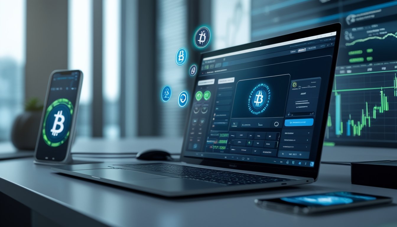 Meja kerja modern dengan laptop menampilkan permainan poker online dan ikon kripto di sekitar layar, serta ponsel yang menunjukkan konfirmasi transaksi cepat.