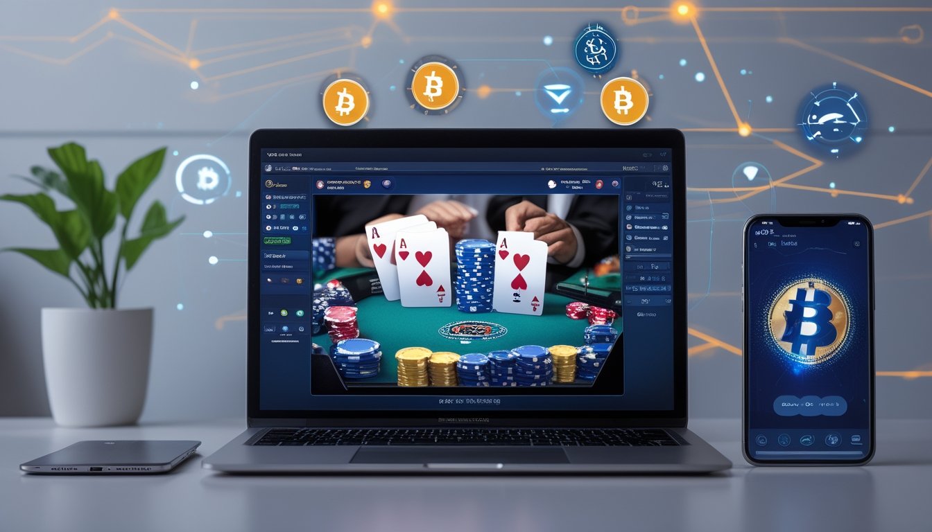 Seorang pengguna bermain poker online di komputer dengan ponsel yang menampilkan aplikasi dompet kripto dan ikon transaksi cepat di latar belakang digital.