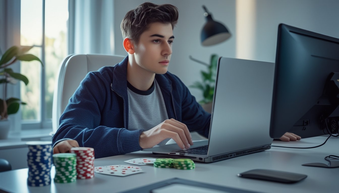 Seorang pria muda duduk di meja dengan laptop bermain poker online, dikelilingi chip poker dan uang tunai kecil.