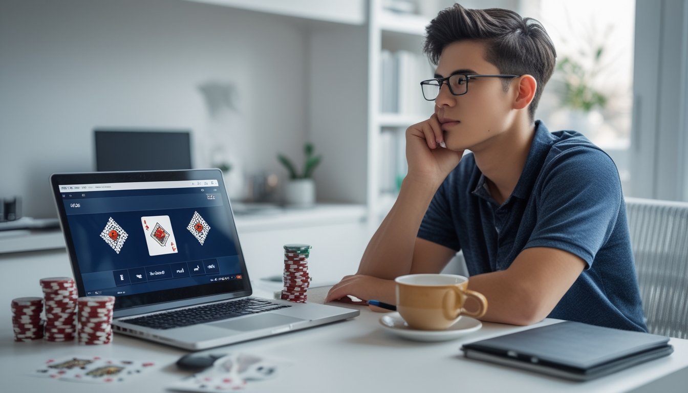 Seorang dewasa muda duduk di meja dengan laptop dan tumpukan chip poker, terlihat fokus mengelola bankroll saat bermain poker online.