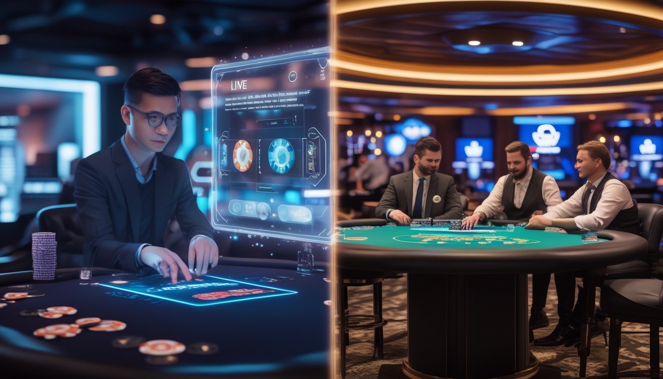 Seorang pemain poker menggunakan layar holografik di rumah dan sekelompok pemain bermain poker secara langsung di meja kasino.