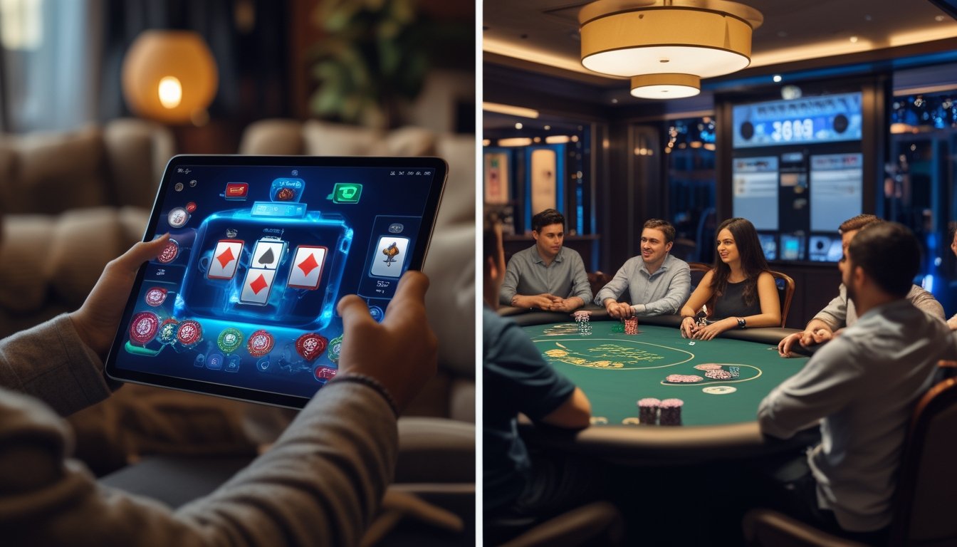 Seseorang bermain poker digital di rumah dengan tablet, sementara sekelompok pemain bermain poker tradisional di meja poker di kasino.