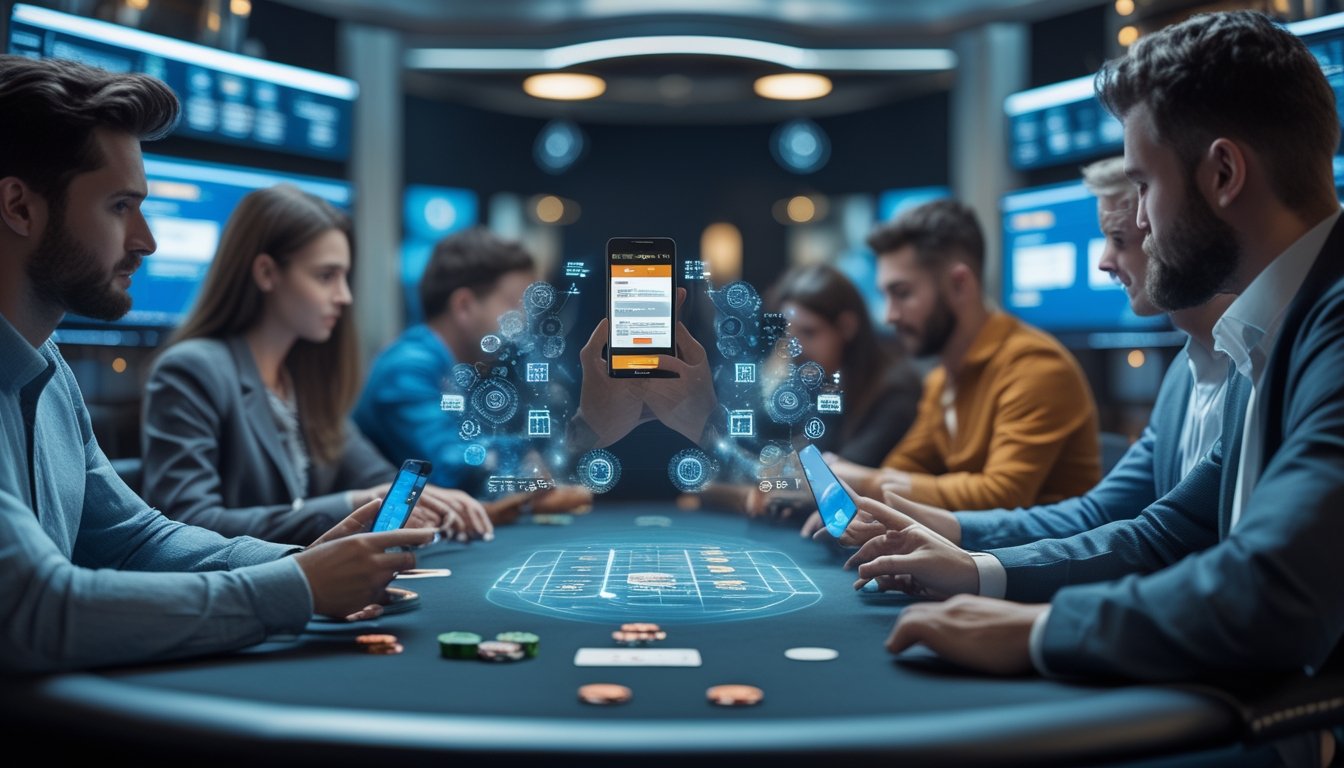 Orang-orang bermain poker online dengan perangkat digital di meja poker, menampilkan suasana permainan yang adil dan penggunaan teknologi untuk mendeteksi bot.