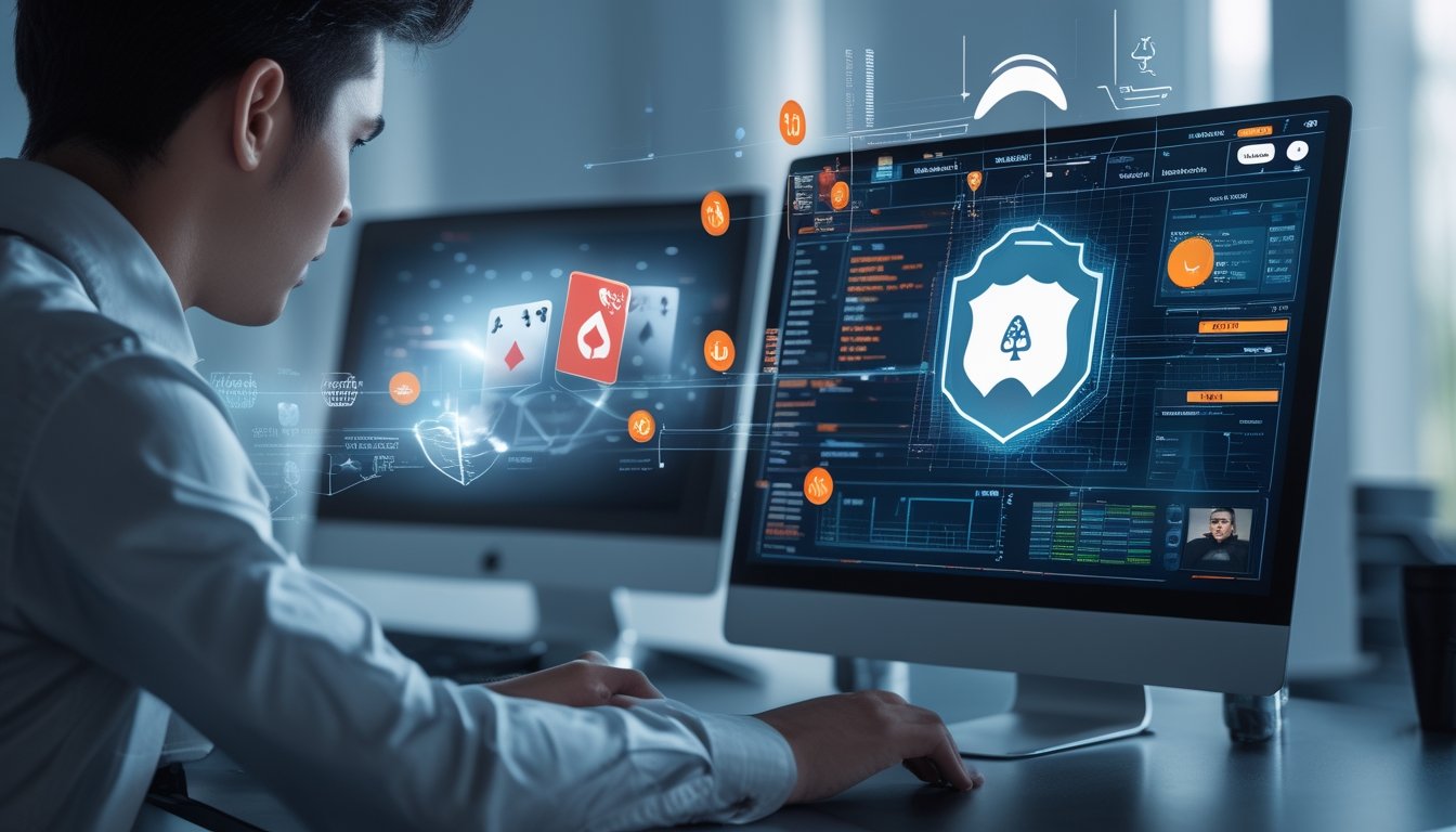 Seseorang sedang menganalisis data di depan komputer dengan permainan poker online di layar.