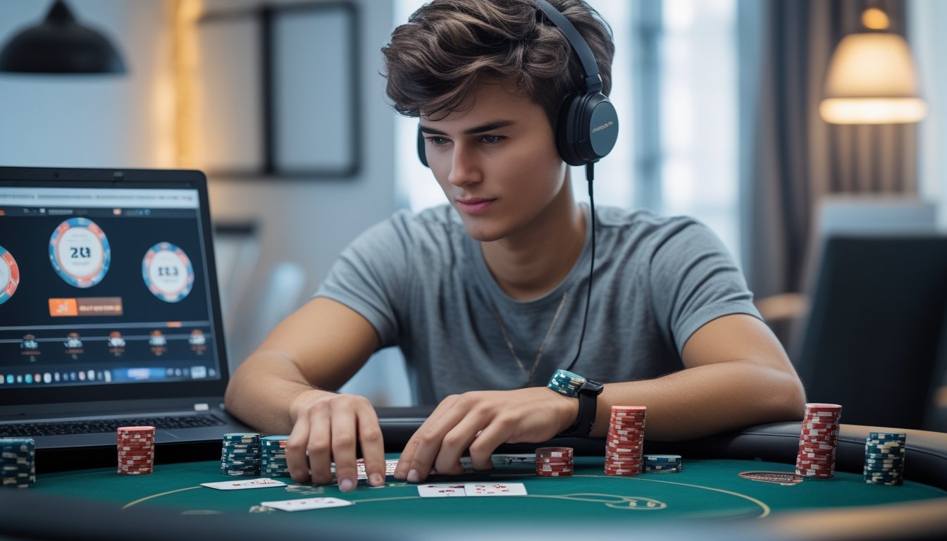 Seorang dewasa muda duduk di meja poker dengan kartu dan chip, fokus pada permainan poker online di laptop di depan mereka.