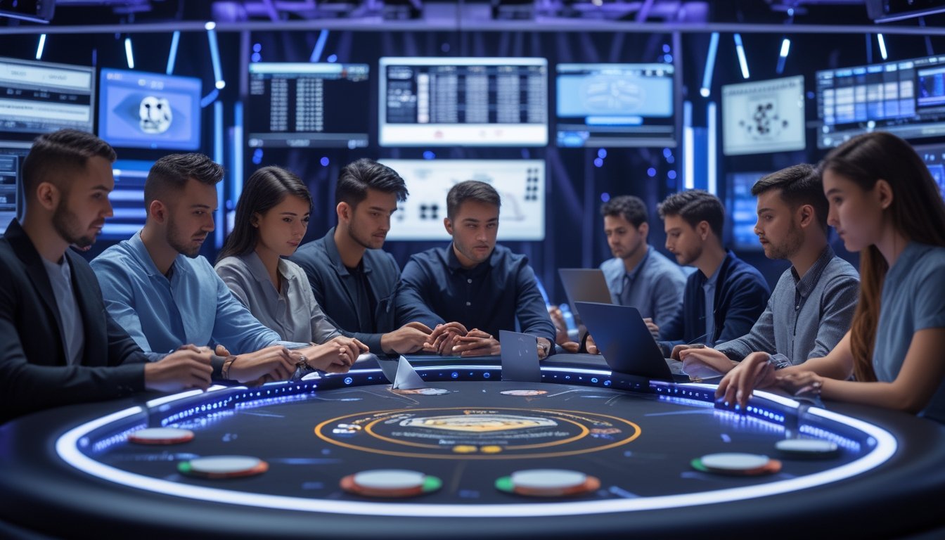Sejumlah pemain poker sedang fokus bermain di meja poker digital dengan layar komputer yang menampilkan permainan dan data strategi.