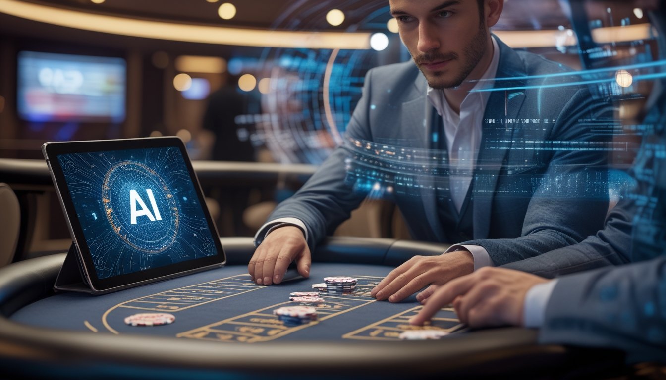 Meja poker dengan chip dan kartu, seorang pemain fokus dengan perangkat digital menampilkan grafik AI, suasana kasino modern.