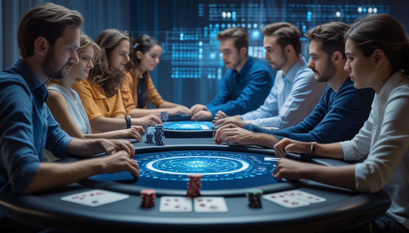 Meja poker modern dengan pemain yang fokus bermain, dilengkapi dengan tampilan digital dan elemen futuristik yang melambangkan kecerdasan buatan.