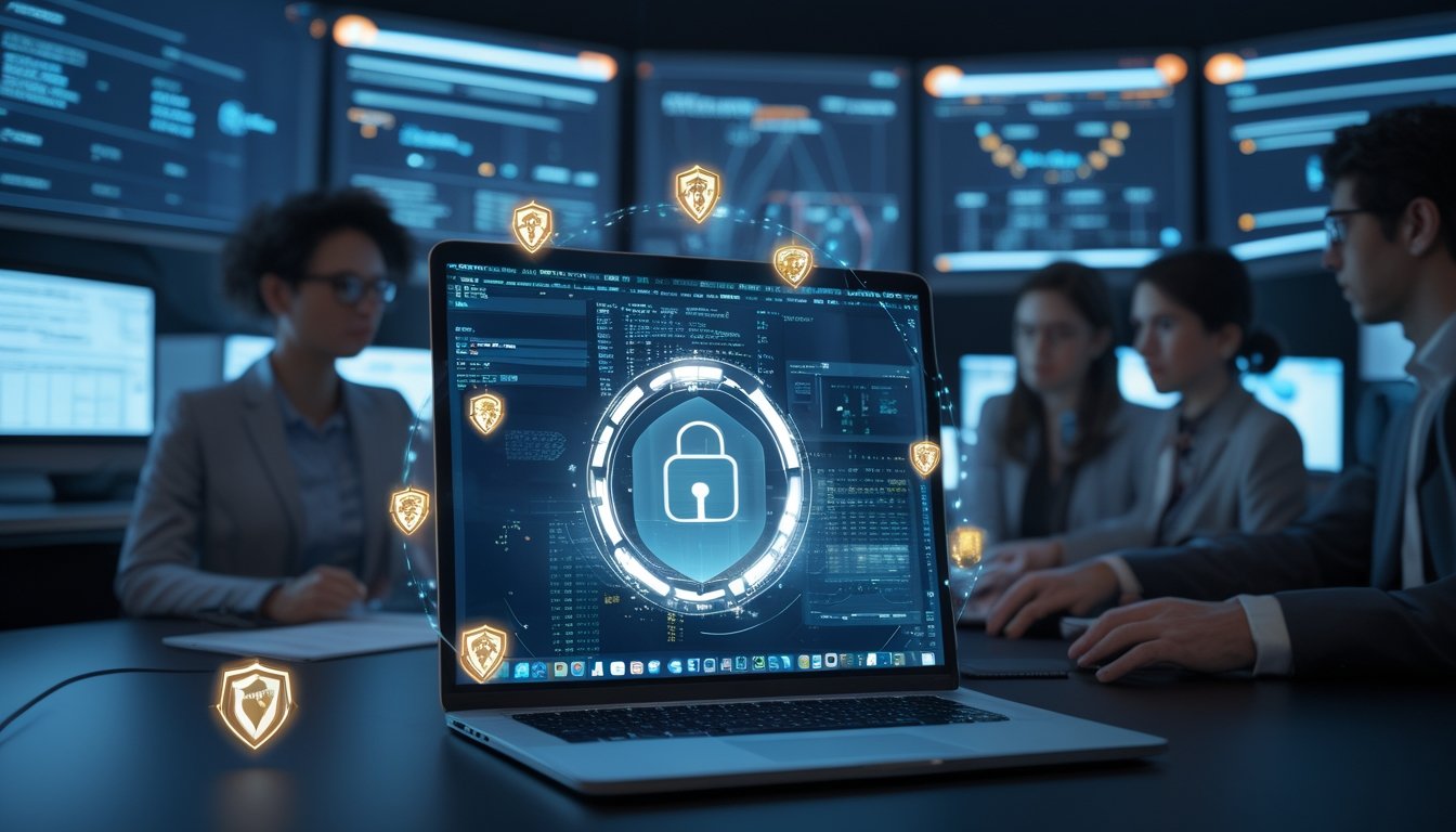 Orang-orang bekerja di depan laptop dan monitor dengan ikon keamanan digital yang mengelilingi layar poker online.