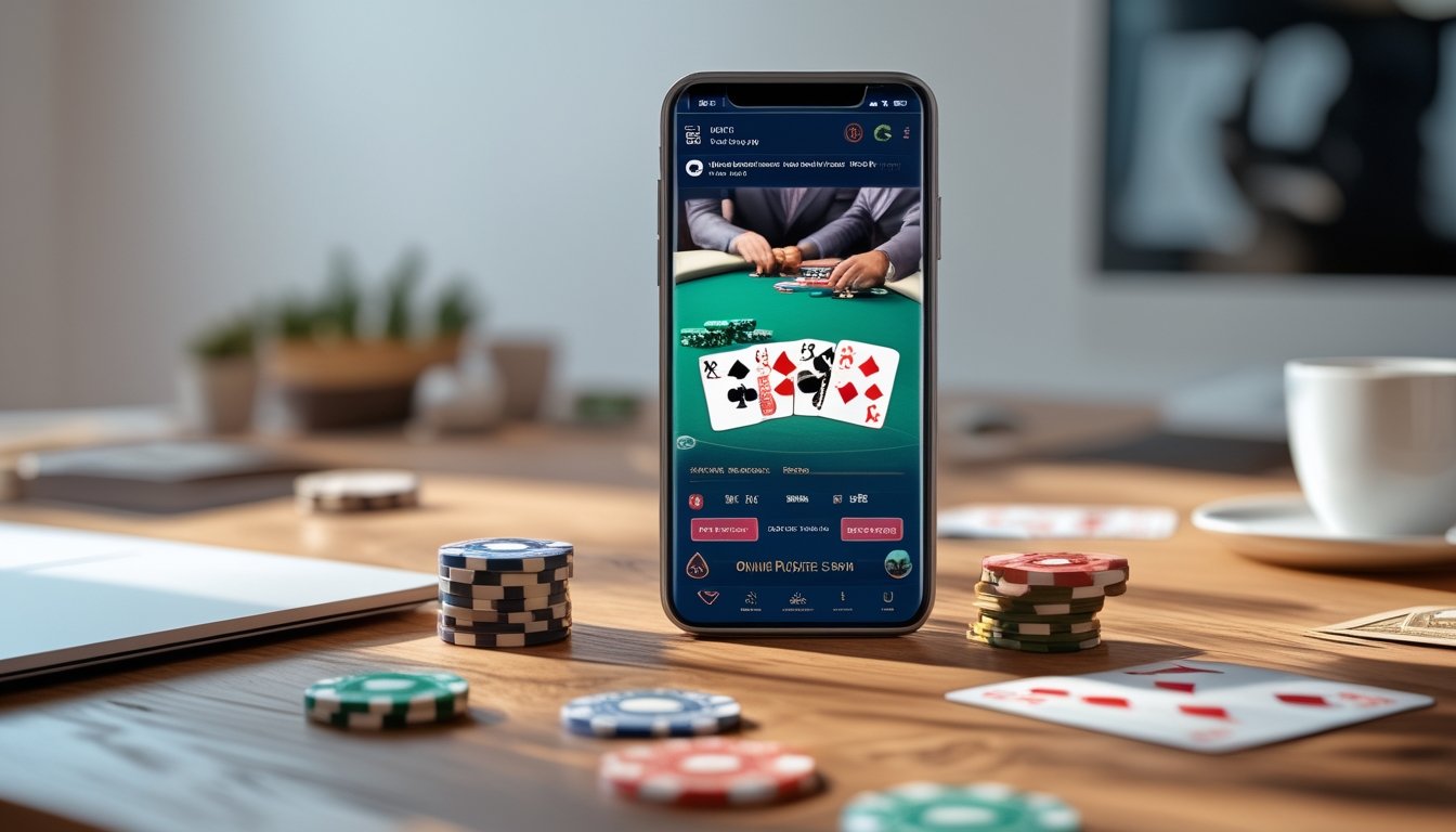 Sebuah smartphone di atas meja kayu menampilkan permainan poker online dengan chip dan kartu poker di sekitarnya.