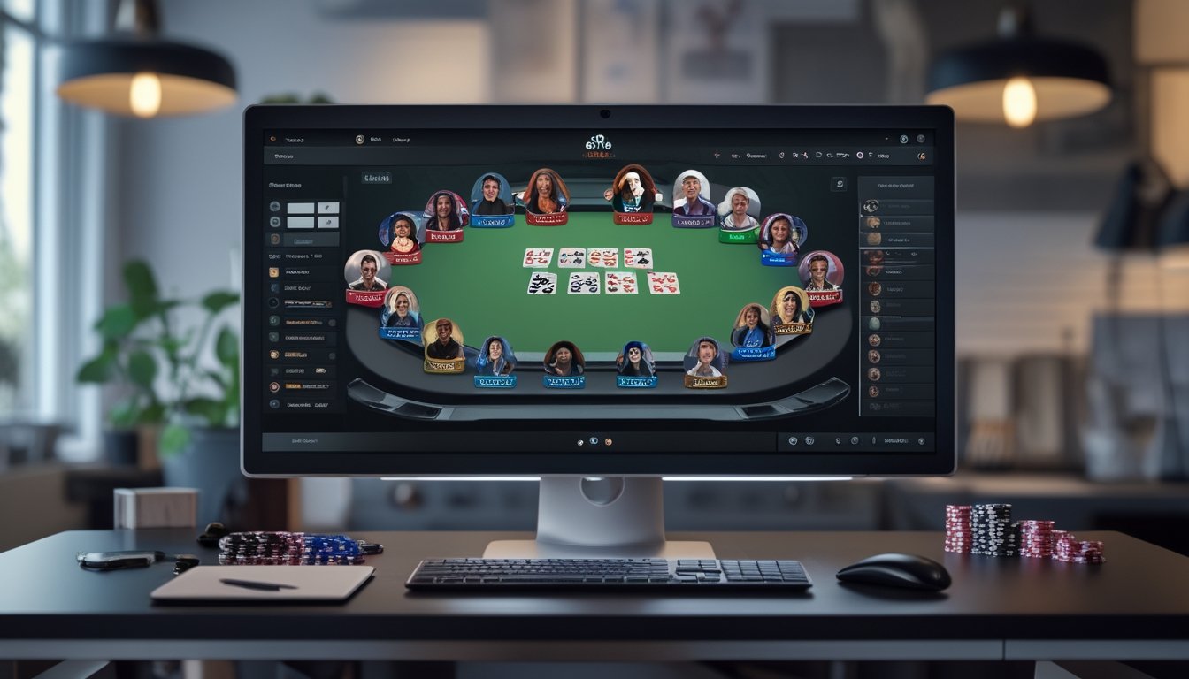 Seorang pemain duduk di depan komputer dengan meja poker online di layar, menunjukkan berbagai avatar pemain dengan tingkat keterampilan berbeda dalam ruangan kantor rumah yang terang.