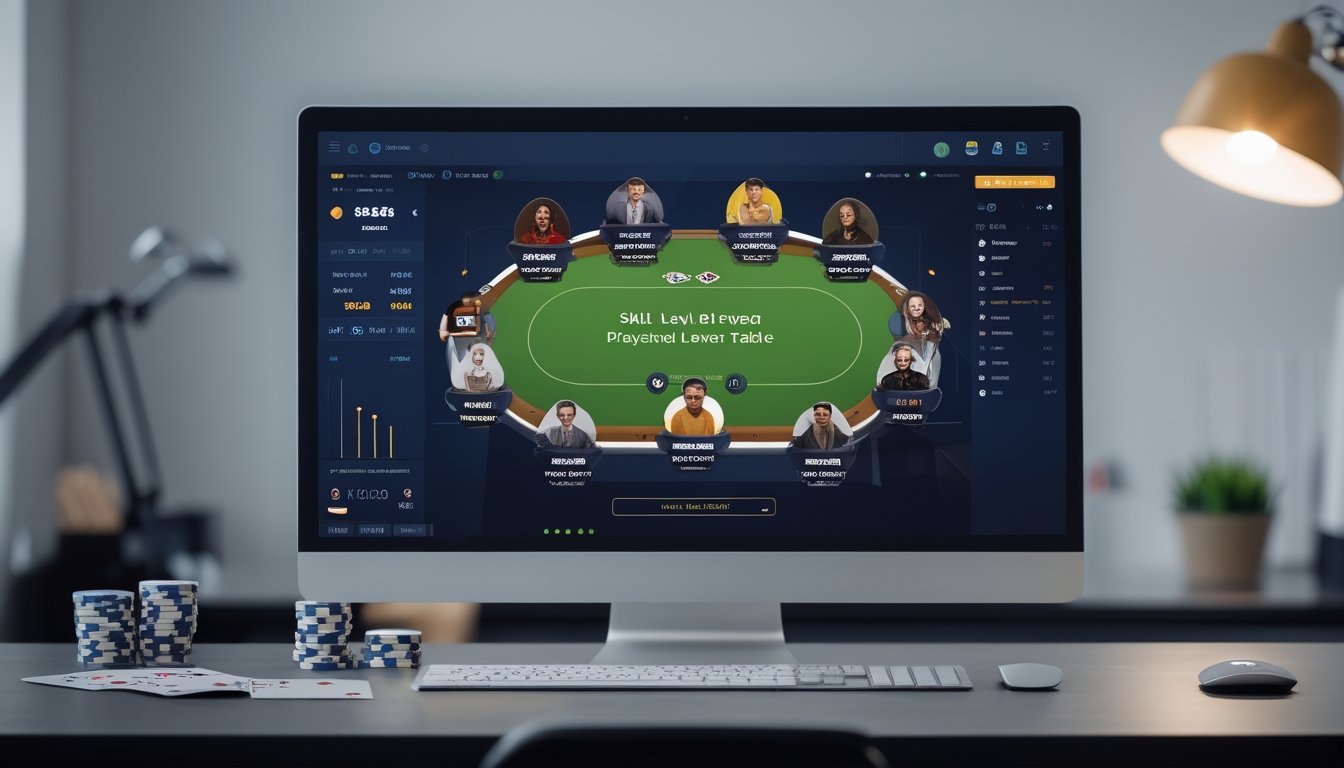 Seseorang sedang bermain poker online di komputer dengan tampilan meja poker virtual dan berbagai avatar pemain di layar.