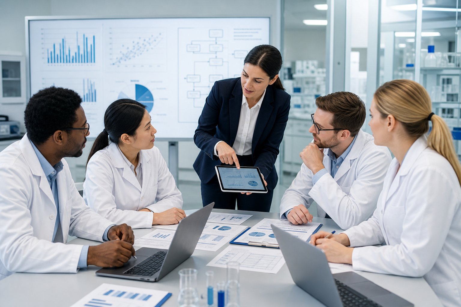 A group of professionals discussing audit documents and data in a modern office with charts and digital screens in the background.