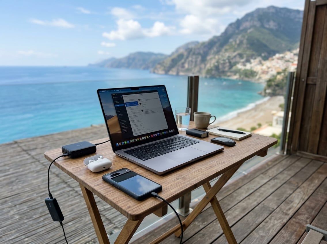 A laptop and essential tech gadgets arranged on a portable table with a scenic outdoor background, representing remote work while traveling.