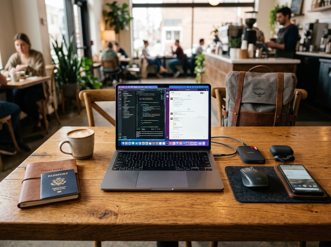 A laptop on a wooden table surrounded by tech devices like earbuds, smartphone, external hard drive, and mouse in a cozy cafe setting.