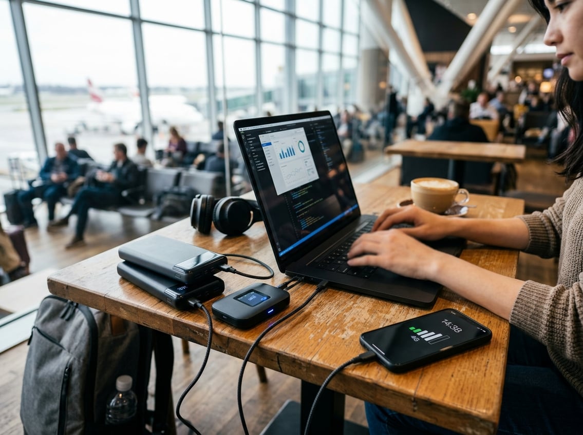 A laptop connected to portable power banks and a mobile hotspot on a table with travel items in a bright indoor setting.