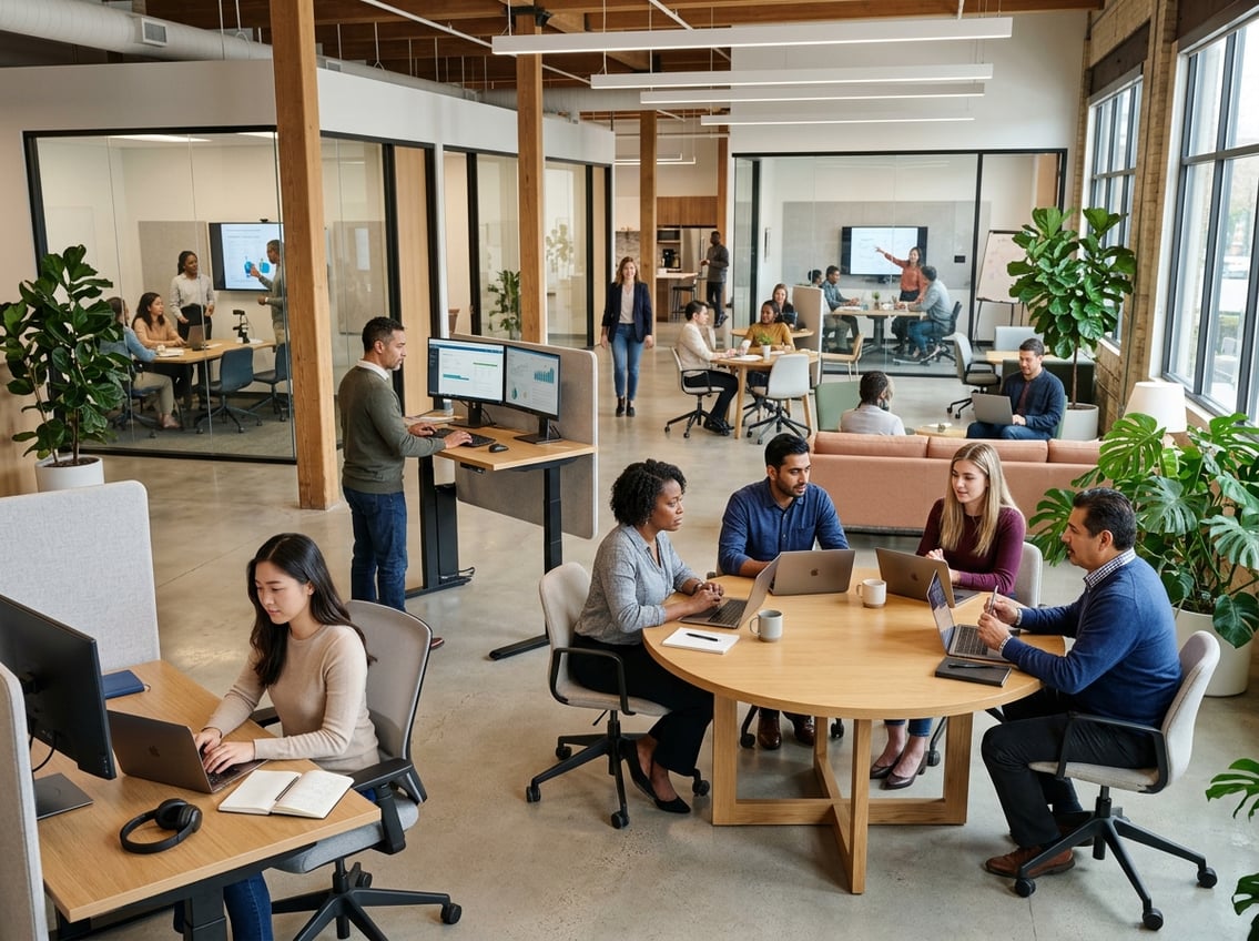 A bright coworking space with people working individually at desks, collaborating around a table, and holding meetings in glass-walled rooms.