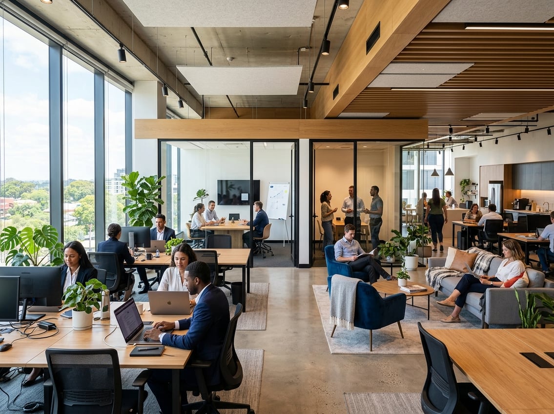 A modern coworking space with people working at desks, meeting rooms, and lounge areas.