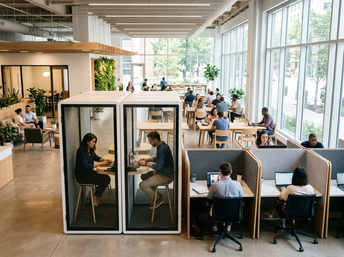 A modern coworking space with open desks, private glass booths, semi-private workstations, and a lounge area, showing people working and collaborating.