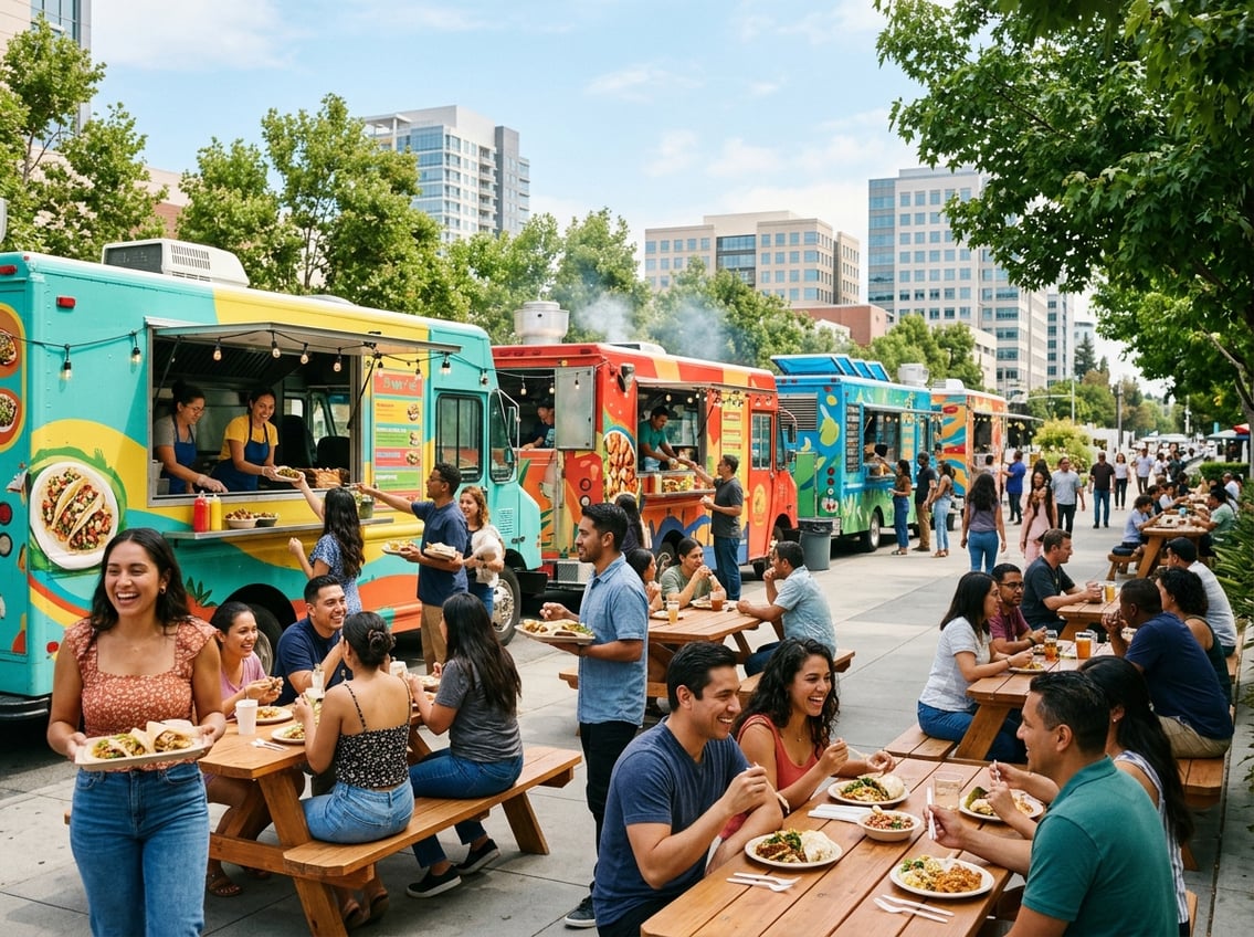 A lively outdoor scene with multiple food trucks and people enjoying meals at picnic tables in a sunny city setting.