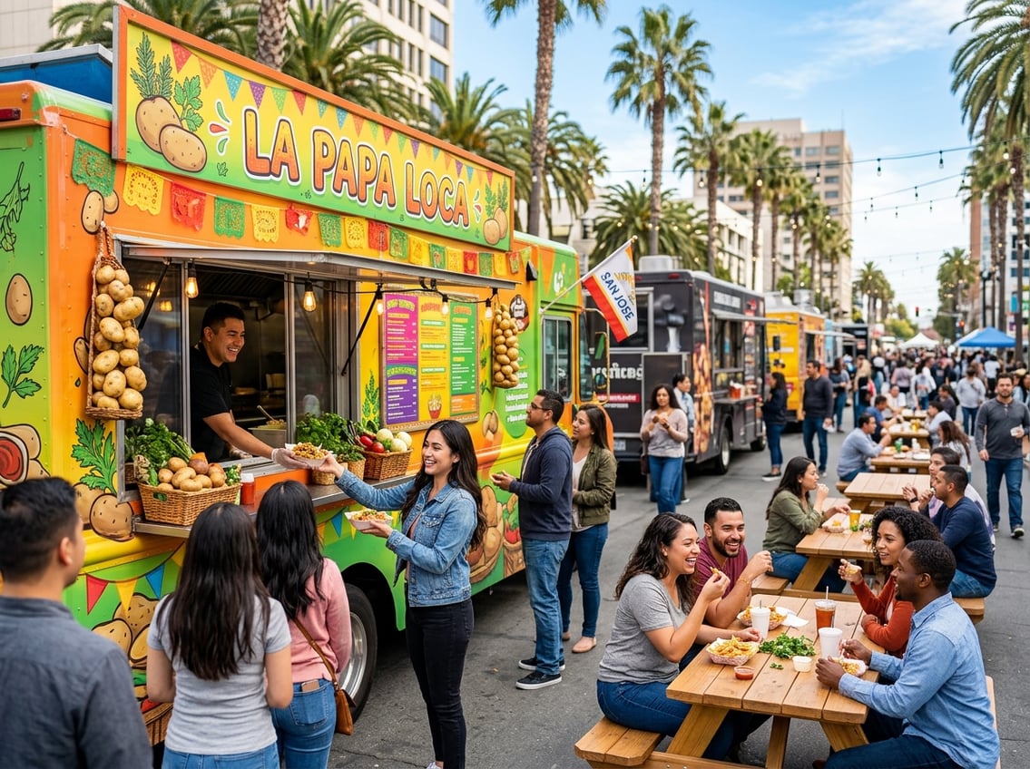 A colorful food truck named La Papa Loca with people enjoying food outdoors in a sunny urban setting.
