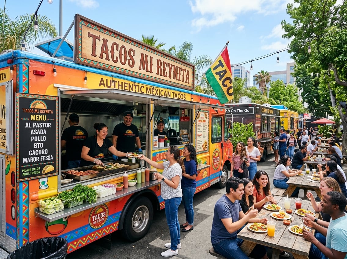 A taco food truck named Tacos Mi Reynita with customers eating outdoors in a sunny urban setting.