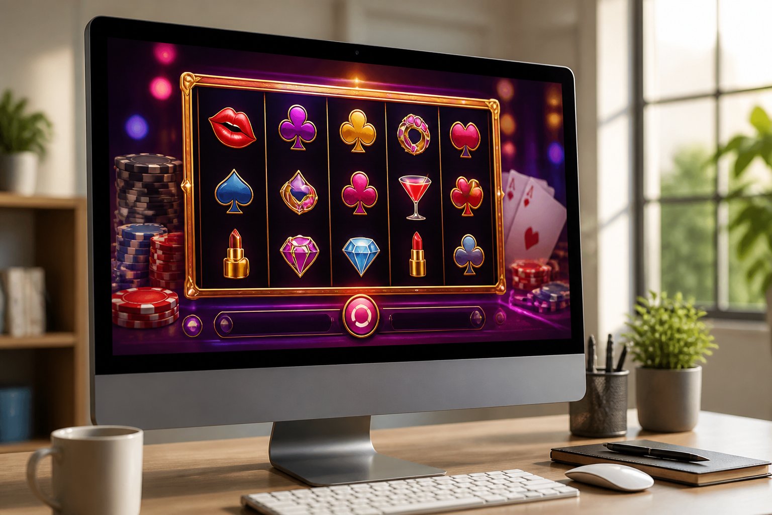 A desktop computer showing a colorful digital slot machine game in a bright office with gaming chips and playing cards on the desk.