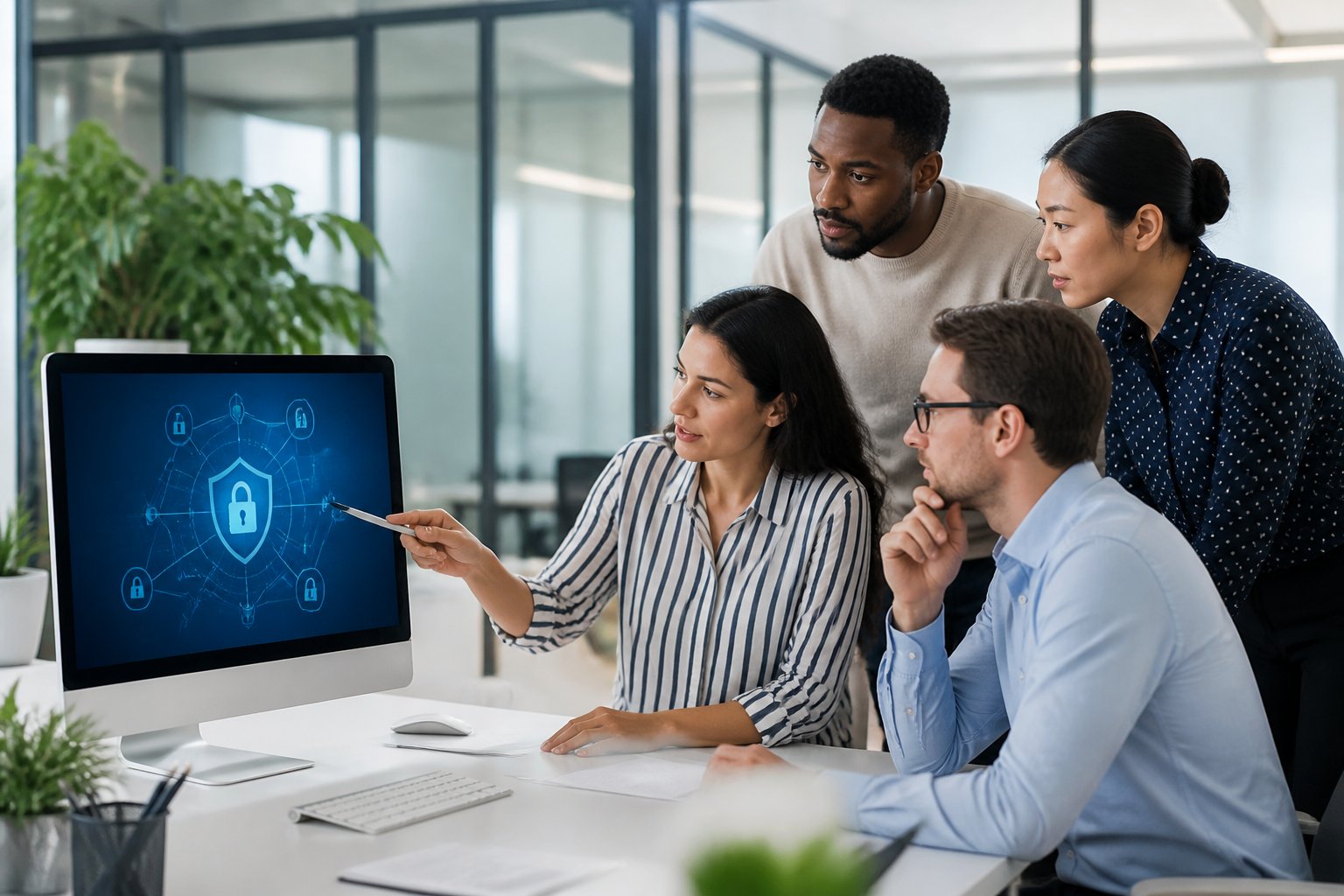 A group of professionals working together around a computer displaying security icons in a modern office.