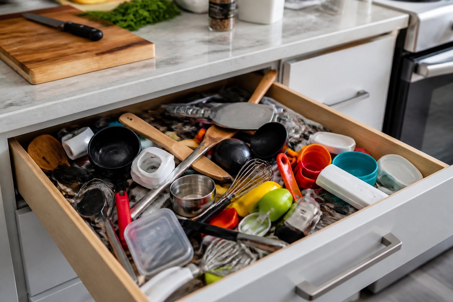 Open kitchen drawer filled with a messy mix of utensils and kitchen tools, showing a cluttered and disorganized space.